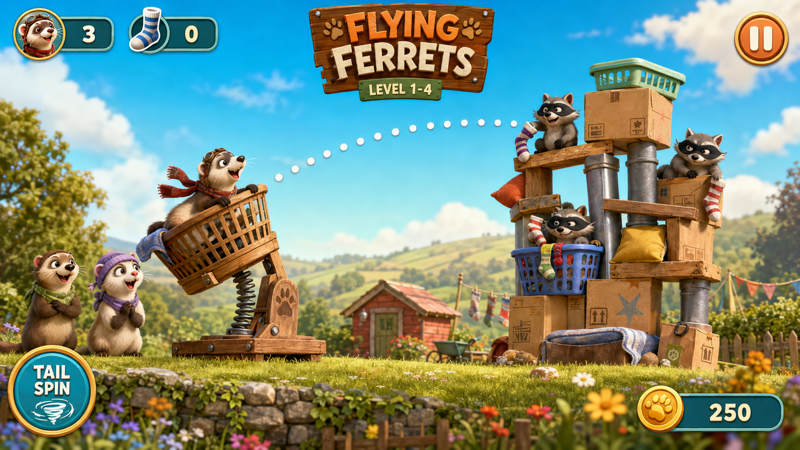 Flying Ferrets concept scene with a laundry-basket launcher and a tower of boxes